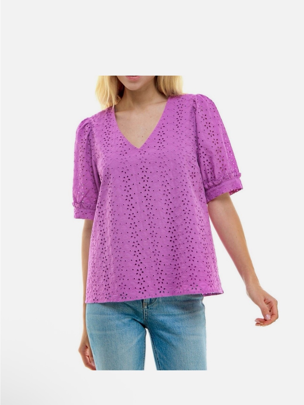 Draper James Purple Eyelet Short Puff Sleeve Heidi V-Neck Top Shirt Size XL